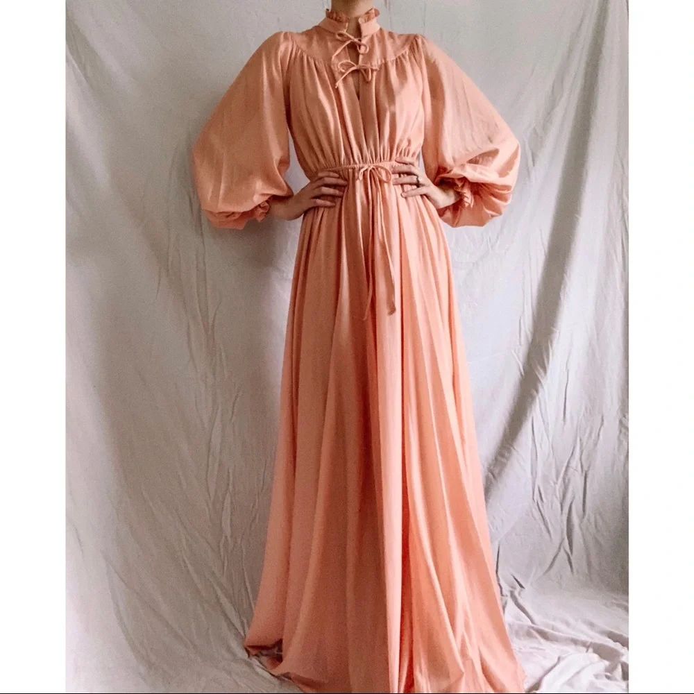 70s Vintage Peach Peasant Maxi Dress - Picture 1 of 15